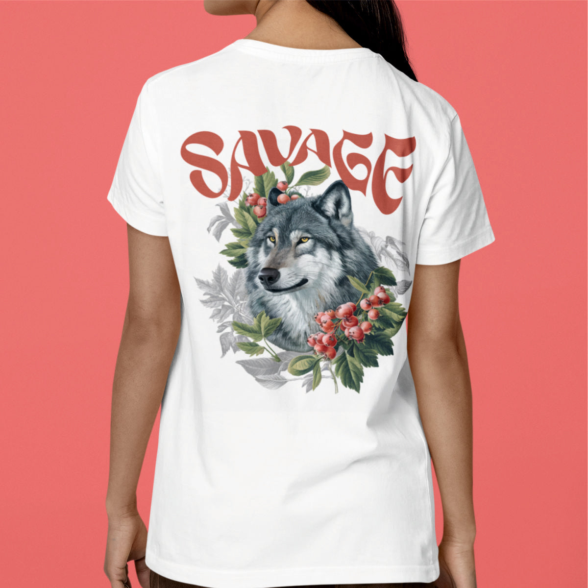 Vit UNISEX T-shirt med ryggtryck “Savage”